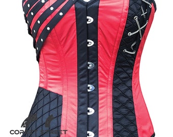 Red and Black Satin Corset with Satin Strap Goth Steampunk Costume Overbust