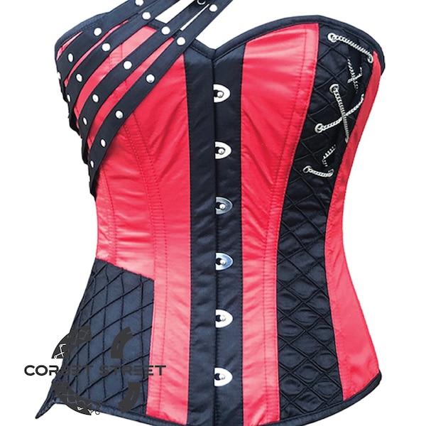 Red and Black Satin with Strap Gothic Steampunk Corset Overbust Top