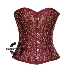 Maroon Silk Golden Bird Sequins Burlesque Costume Corset Overbust Top