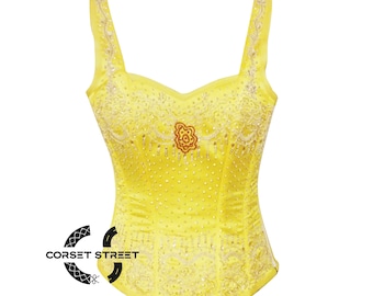 Yellow Satin White Sequins Burlesque Bumble Bee Costume Overbust Corset with Shoulder Straps