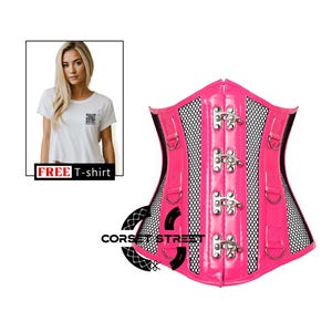 Hot Pink PVC Leather With Black Mesh Gothic Long-line Underbust Corset Top