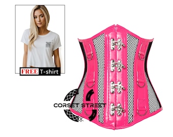 Hot Pink PVC Leather With Black Mesh  Gothic Long-line Underbust Corset Top