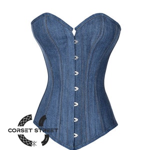 Blue Denim Gothic Costume Overbust Longline Corset Bustier Top