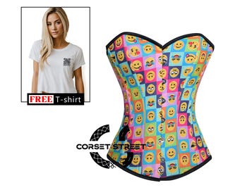 Emoji Printed Colorful Cotton Burlesque  Overbust Corset Top