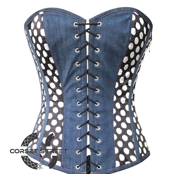 Blue Denim With White Polka Dots Women's Costume Overbust Corset