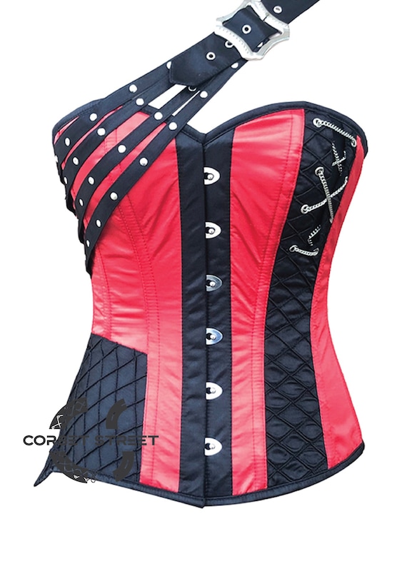 Red and Black Satin With Strap Gothic Steampunk Corset Overbust Top -   UK