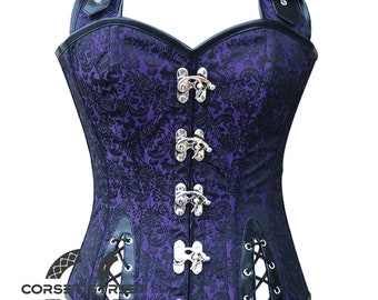 Haut corset steampunk brocart violet avec ceintures en cuir noir dos nu overbust