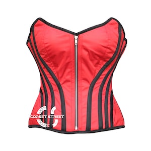 Red Satin Black Stripes Gothic Costume Overbust Corset for Women Prom Dress