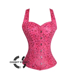 Pink Butterfly Printed Soft Leather Overbust Corset With Shoulder Straps