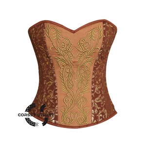 Brown And Golden Brocade With thread Work Burlesque Overbust Mother's Day Corset