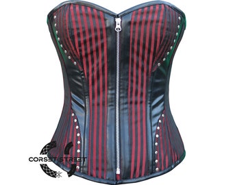 Red And Black Brocade Gothic Front Zipper Leather Overbust Corset Top