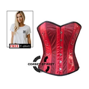 Red PVC Leather Black Net Corset Gothic Costume Overbust Bustier Women Top