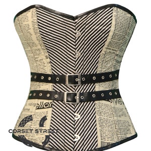 Newspaper Print Cotton & Black White Striped Retro Gothic Overbust Corset