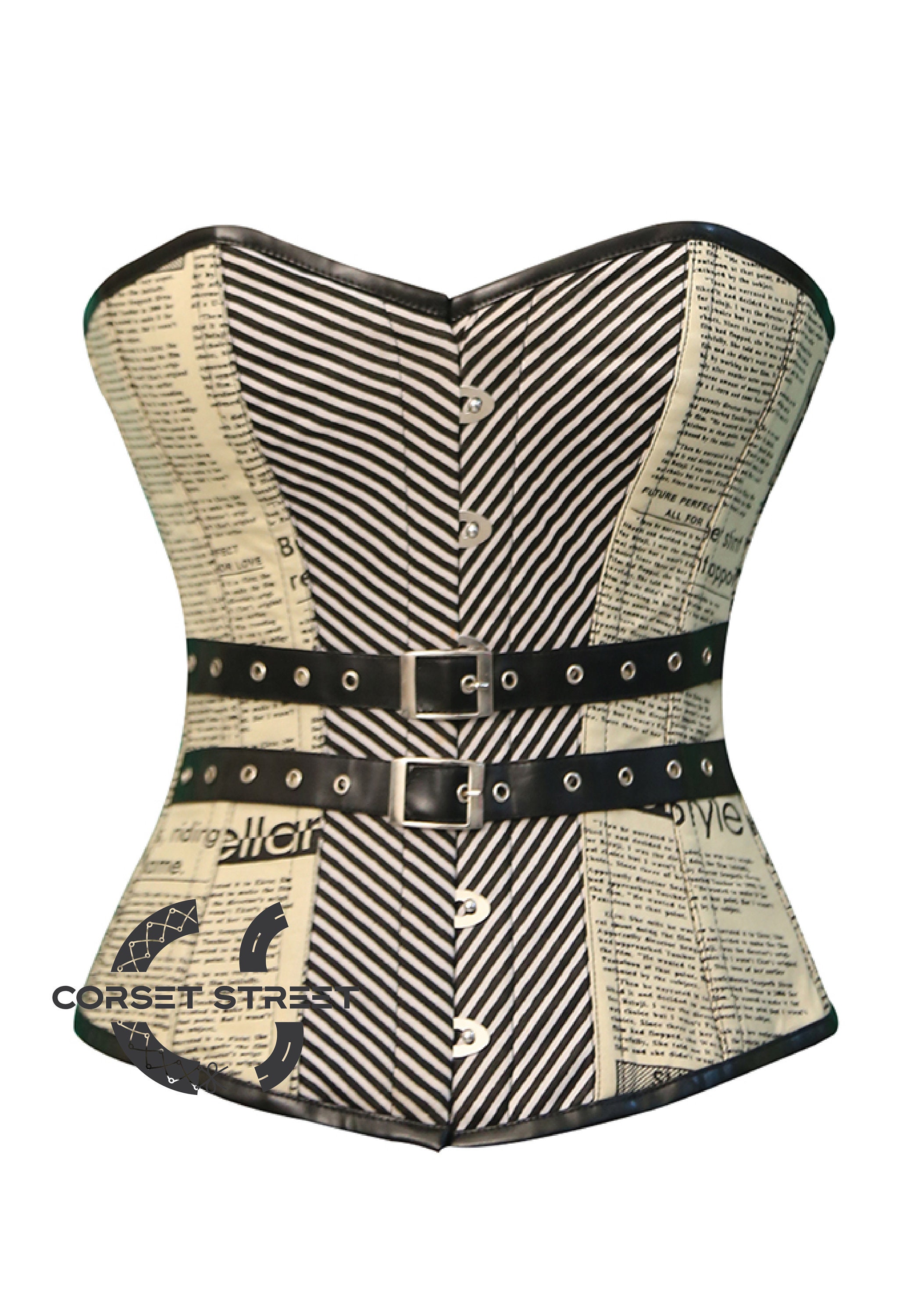 Newspaper Print Cotton & Black White Striped Retro Gothic Overbust Corset