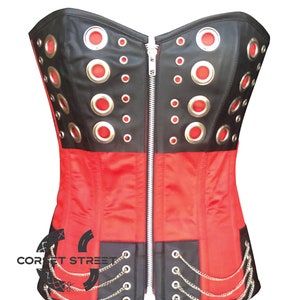 Red and Black Satin with O-Rings Steampunk Costume Overbust Corset