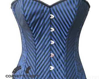 Women's Blue and Black Brocade Striped Overbust Corset