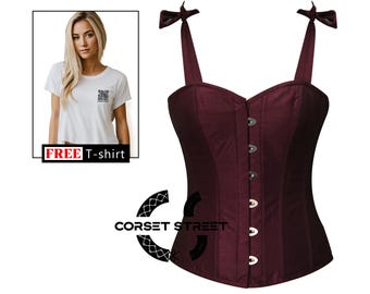 Burgundy Overbust Corset with Tie Straps | Halloween  Gothic Steampunk Bustier Top | Victorian Renaissance Waist Cincher