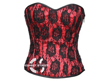 Costume burlesque en satin rouge, superposition de filets, corset festif Ren, surbuste gothique