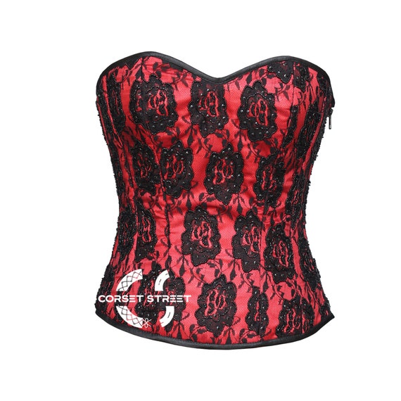 Red Satin Net Overlay Sequin Burlesque Costume Overbust Bustier