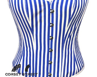 Blue and White Cotton Striped Bustier Waist Training Overbust Corset