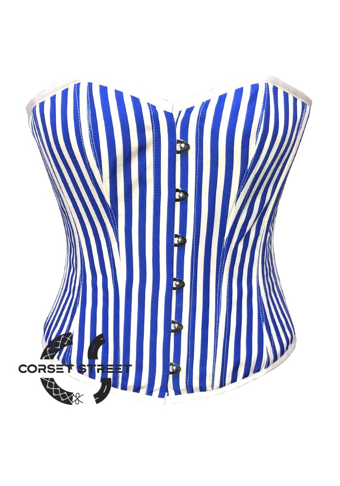 Blue and White Cotton Striped Bustier Waist Training Overbust Corset 