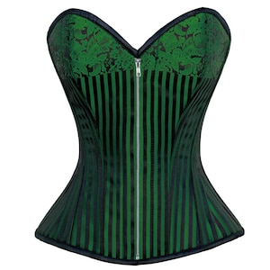 Green And Black Brocade Front Zipper Steel Boned Overbust Corset