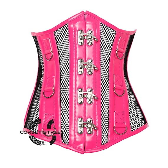 PINK Leather Elastic Wide Stretch Belt Corset Top Halloween Cosplay Costume NWT Hot Pink PVC Leather With Black Mesh Gothic Long-line  main image 4