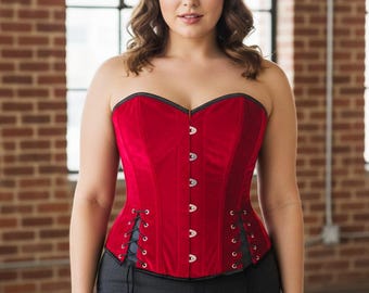 Red Velvet Gothic Costume Halloween Overbust Corset Bodice Waist Trainer for Women