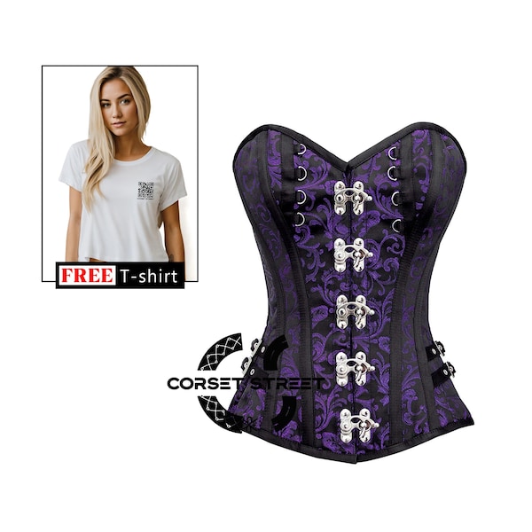 Purple & Black Brocade Steampunk Costume Overbust Corset Bustier Halloween Top