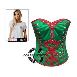 Green Satin Red Leather Corset Overbust Gothic Steampunk Costume