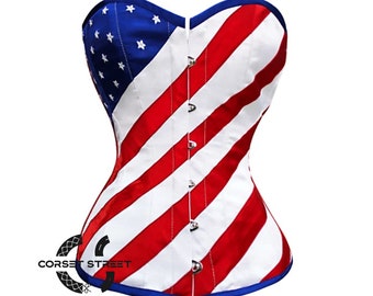 USA Flag Corset Red Strips Blue Satin Gothic Overbust Mother's Day Costume