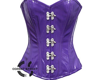Lila PVC-överbystkorsett med metallspännen | Glänsande gotisk bustiertopp | Alternativa punk-rave-festivalkläder | Wetlook