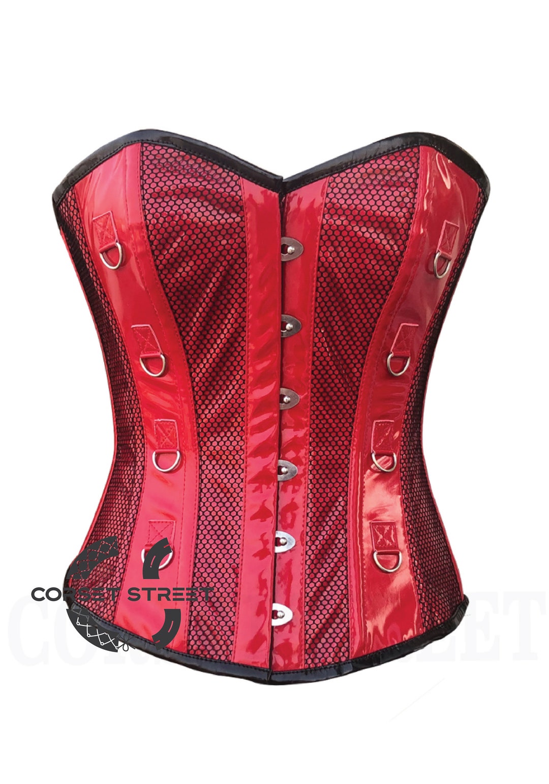 Chiesa Black Leather Overbust Corset With Red PVC Stripe main image 1