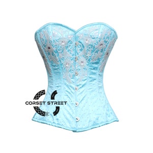 Light Blue Satin White Sequins Burlesque Costume Overbust Corset