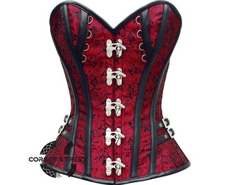 Corset Tops for Women | Red Brocade Steampunk Costume Overbust Corset Bustier Top