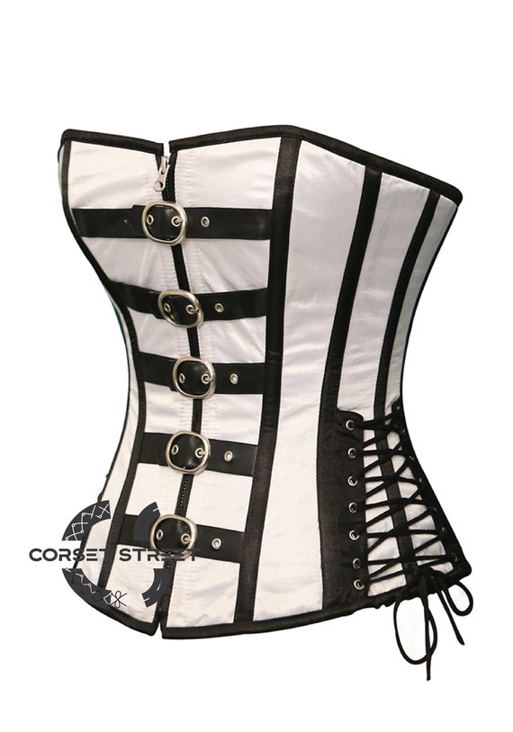 Black Satin Gothic Longline Overbust Corset Double Bone Bustier Women's Top  