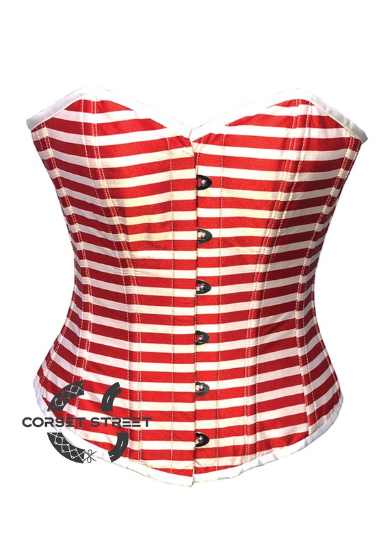Red and White Cotton Striped Overbust Bustier Corset Women's Top 