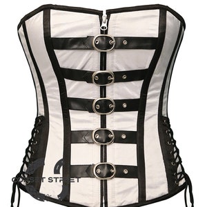 White Satin And Black Leather Corset Steampunk Costume Overbust Top