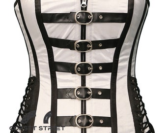 White Satin And Black Leather Corset Steampunk Costume Overbust Top