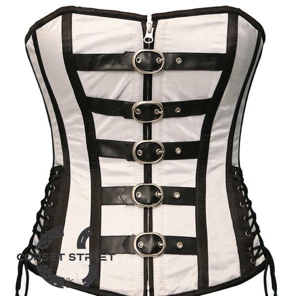 White Satin And Black Leather Corset Steampunk Costume Overbust Top