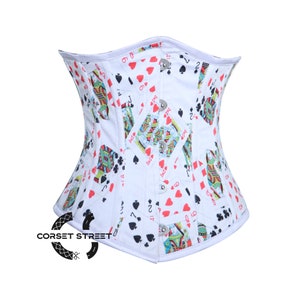 Top tipo corpiño con corsé debajo del busto de satén blanco con estampado de cartas Ace