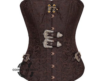 Brown Brocade Steampunk Gothic Overbust Corset Dress