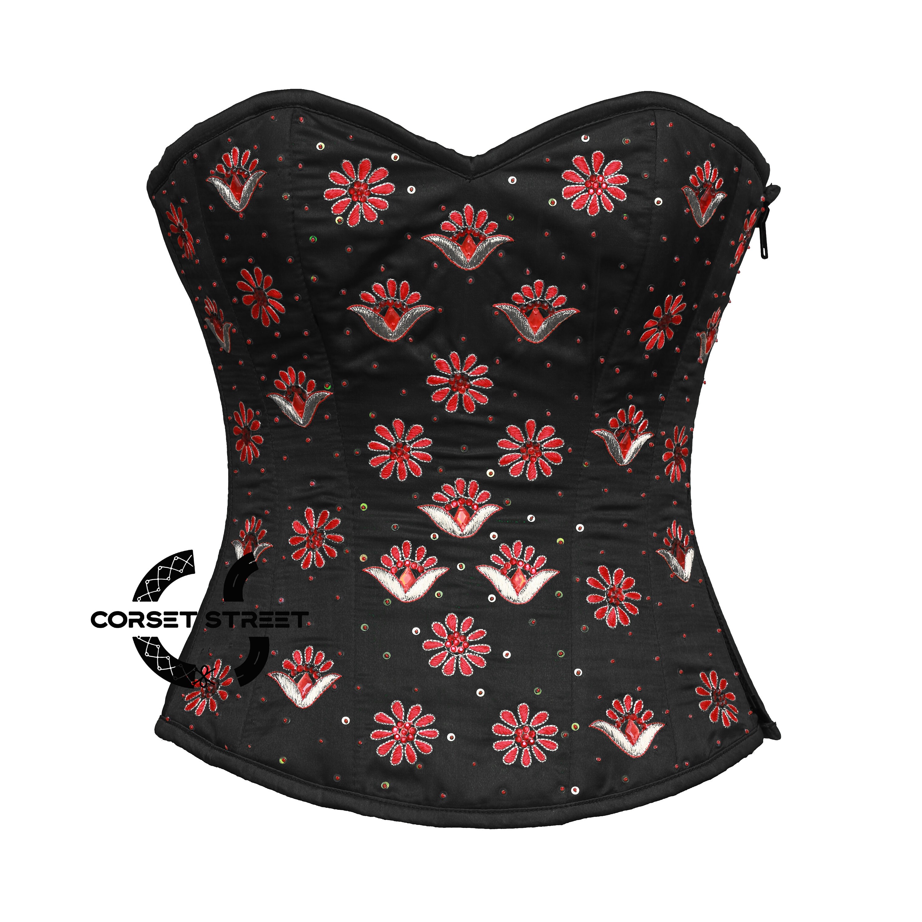 Black Satin With Thread Sequins Burlesque Costume Overbust