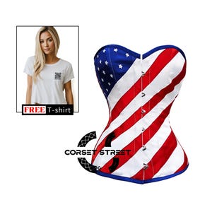 USA Flag Captain American Costume Red and White Corset Striped Blue Satin Overbust Bustier Top