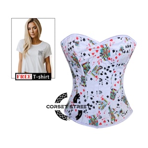 Corsetto overbust bianco stampato con costume gotico da gioco di carte, top corsetto