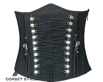 Korsett-Tops für Damen | Schwarzer Gothic-Unterbrustkorsettgürtel aus Baumwolltwill mit Lederriemen