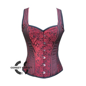 Red And Black Brocade Gothic Costume Overbust Corset With Shoulder Straps Top