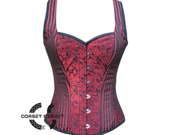Red And Black Brocade Gothic Costume Overbust Corset With Shoulder Straps Top