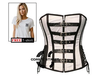 White Satin And Black Leather Corset Gothic Steampunk Overbust Bodice