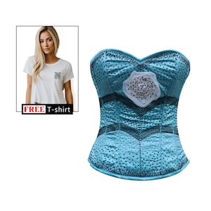 Baby Blue Satin Black Sequins White Flower Burlesque outfit Overbust Bustier Top